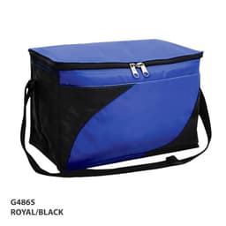 A cooler bag in royal blue and black, featuring a zippered top and a shoulder strap. It has a logo on the side.