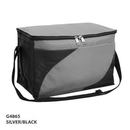 A cooler bag in silver and black with a zippered top and a shoulder strap. It features a front pocket and branding.