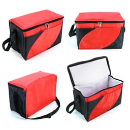 A red and black cooler bag with a zippered closure, featuring an interior lined with a light shade. Includes a shoulder strap.