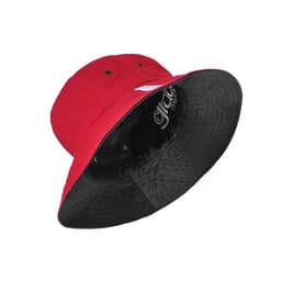 A reversible bucket hat in bright red with a black interior and adjustable toggle. It features a logo on the inside.