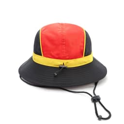 A panelled bucket hat featuring red, yellow, and black colours, with a chin rope for secure fit.