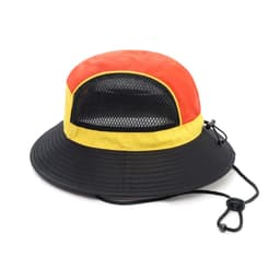 A panelled bucket hat in red, yellow, and black with a mesh top and chin rope. Features a logo.
