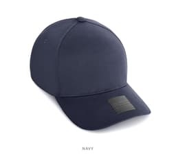 A navy cap made from cotton and spandex, featuring a brand logo on the front.