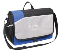 A shoulder bag featuring a grey front with blue and black accents, equipped with a shoulder strap and a logo.