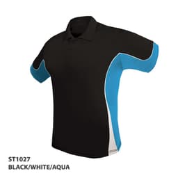 A black polo shirt with white and aqua accents, featuring a logo on the chest area.
