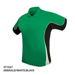 A green polo shirt with black and white accents, featuring a logo on the chest.