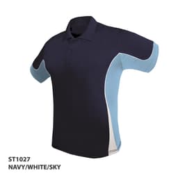 A navy and sky blue polo shirt featuring contrasting colour panels and a logo.