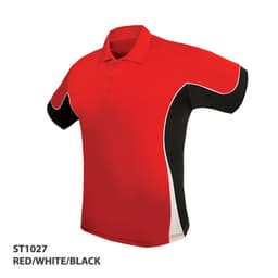 A red, white, and black polo shirt featuring a logo, with short sleeves and a stylish design.