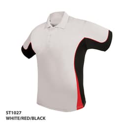 A polo shirt in white, red, and black with a logo, featuring contrasting panel designs.