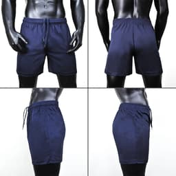 Navy blue sports shorts displayed from multiple angles on a mannequin, featuring an elastic waistband and drawstring.