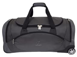 A wheeled travel bag in grey, featuring dual handles and a side pocket, with a branding logo visible.