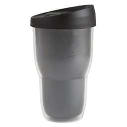 A drink bottle featuring a double wall design, in transparent grey with a black lid and branding.