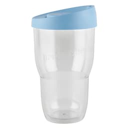 A drink bottle with a clear body and a light blue lid, featuring a logo on the side. Double wall design for insulation.