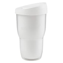 A double wall cup in white with a clear lower section and a whimsical lid, holding 454ml.
