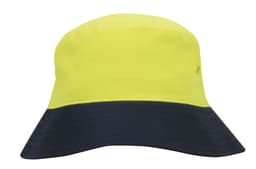 A luminescent yellow and navy blue bucket hat with a logo. Ideal for enhancing visibility.
