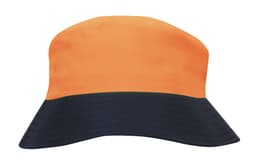 A luminescent safety bucket hat in bright orange and navy blue with a wide brim and a logo.