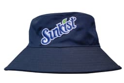A navy blue reversible bucket hat with a wide brim and an embroidered logo on the front.