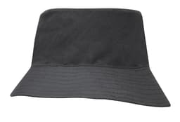 A breathable poly twill youth bucket hat in black, featuring a wide brim and a simple design. It has a logo.