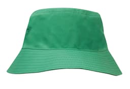 A breathable poly twill youth bucket hat in vibrant green, featuring a logo on one side.