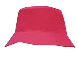 A pink breathable poly twill youth bucket hat with a wide brim and a simple design. It features a logo.