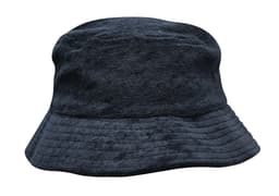 A navy blue terry towelling bucket hat featuring a textured finish and a wide brim. It has a logo on the side.