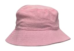 A pink terry towelling bucket hat with a soft texture and a wide brim. It features a logo.