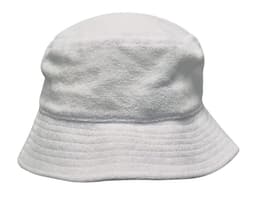 A white terry towelling bucket hat featuring a soft, textured fabric and a wide brim. It has a logo on it.