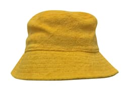 A yellow terry towelling bucket hat with a wide brim and soft texture, featuring a logo.