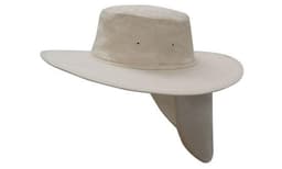 A beige canvas sun hat with a wide brim and neck flap, featuring ventilation holes and a simple design.