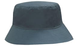A breathable poly twill bucket hat in a dark blue shade, featuring a simple design and a branded label.
