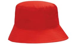 A red breathable poly twill bucket hat with a wide brim and a smooth finish. It features a logo on the side.