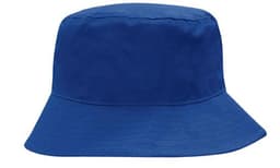 A breathable poly twill bucket hat in blue with a wide brim and a simple design. It features a logo.