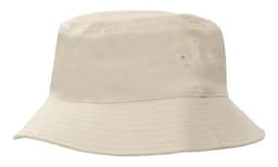 A breathable, poly twill bucket hat in a light beige colour with a logo on the side.