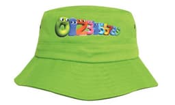 A bright green youth bucket hat featuring a playful design with colourful characters and a logo.