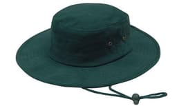 A dark green brushed heavy cotton hat with a wide brim and an adjustable chin strap. Features eyelets for ventilation.