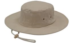 A brushed heavy cotton hat in a light beige colour with a wide brim and adjustable string.