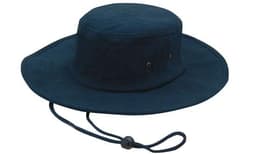 A brushed heavy cotton hat in navy blue with a wide brim and adjustable chin strap. It features a logo.