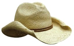 A straw cowboy hat with a brown band, featuring a wide brim and a textured finish.