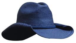 A navy blue straw cowboy hat with a wide brim and a flexible crown. It features a logo on the side.