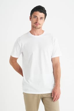 A white men's t-shirt displayed on a model, with a plain design and no visible branding.