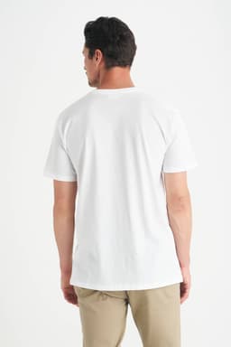 A men's T-shirt in white, shown from the back, featuring a simple design and short sleeves.