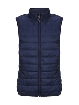 A navy puffer vest for ladies, featuring a zip front and a high collar, with a logo on the side.