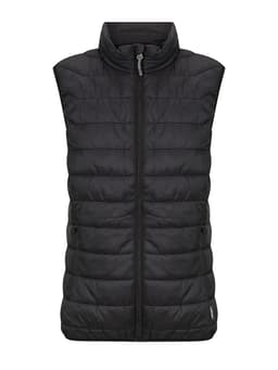 A black puffer vest for women featuring a high collar and zip front, with an attached logo.