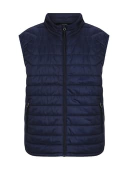 A navy puffer vest for men featuring a zip front and two side pockets, with a branding logo.