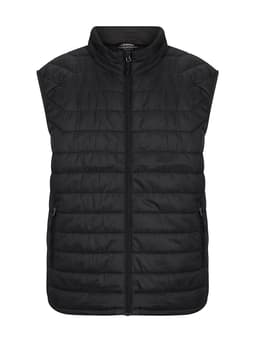 A black puffer vest for men featuring a zip front and two side pockets, with a collar and logo.