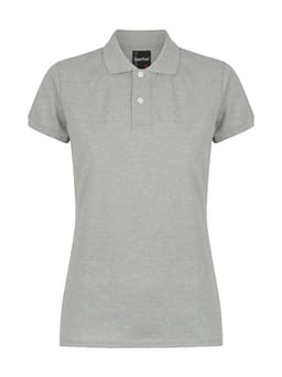 A grey ladies' polo shirt with short sleeves and a collar, featuring three buttons and a logo.