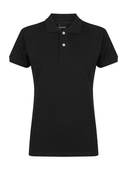 A black ladies' polo shirt featuring a collared design and button placket, with a branding logo.