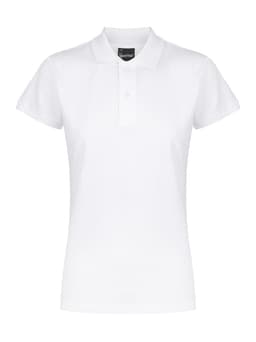 A white ladies' polo shirt with short sleeves and a collar, featuring a branded label.