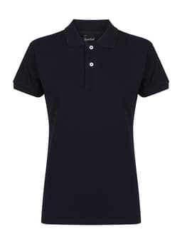 A navy blue ladies' polo shirt featuring a classic collar and three-button placket. It has a logo on the chest.