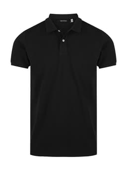 A black men's polo shirt with a collared neck and a logo on the chest.